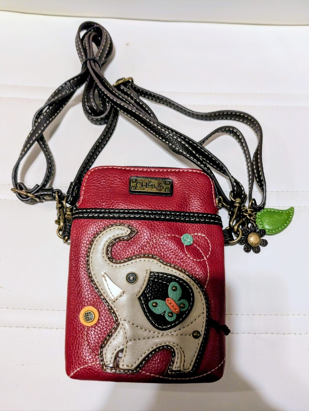 Chala Burgundy/Red Crossbody Bag with Elephant & Floral Charms.Includes 2 Straps